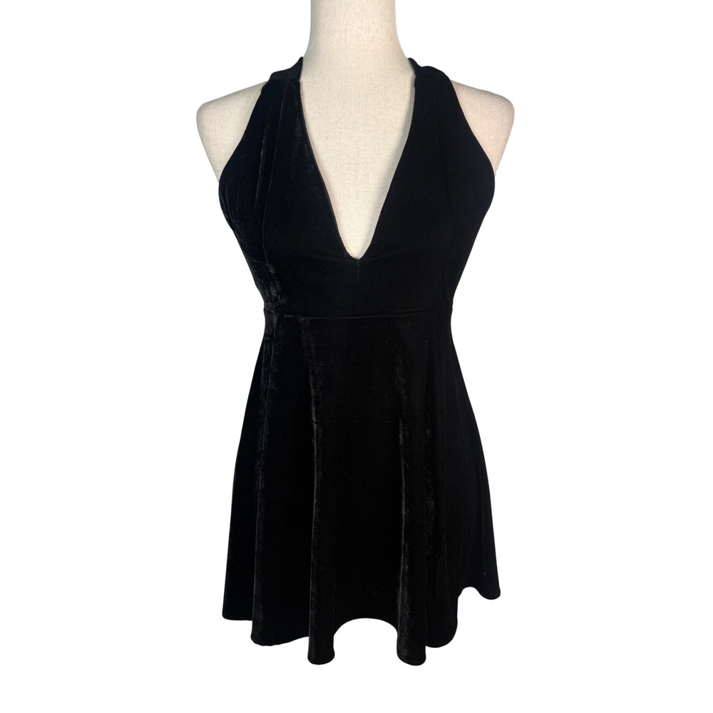 For Love & Lemons Mini Dress Women XS Black Velvet Halter V-Neck Grunge Romantic